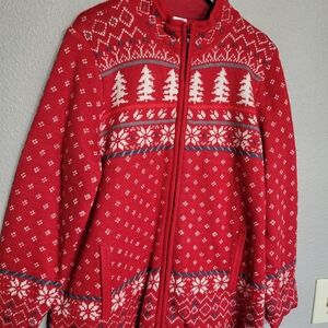 Coldwater Creek Cardigan Womens Red Trees Snowflake Full Zip Sweater Holiday L